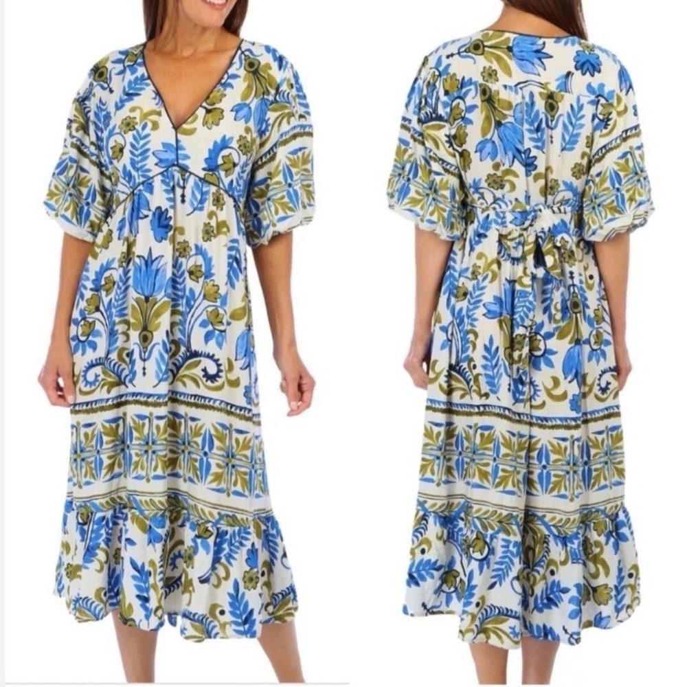 Fig + Flower Womens 2X Blue Green Floral Print V Neck Linen Blend Maxi Dress - Picture 2 of 16